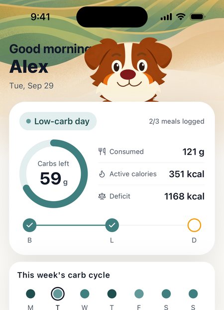 Carbo-AI Home: today's carb-day chip, carbs left, and what you've eaten, burned and the gap